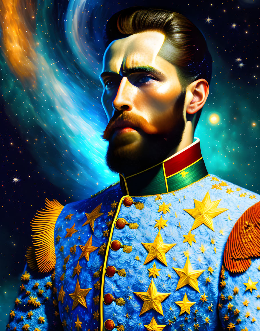 Man with Beard in Decorative Uniform Amid Cosmic Galaxies