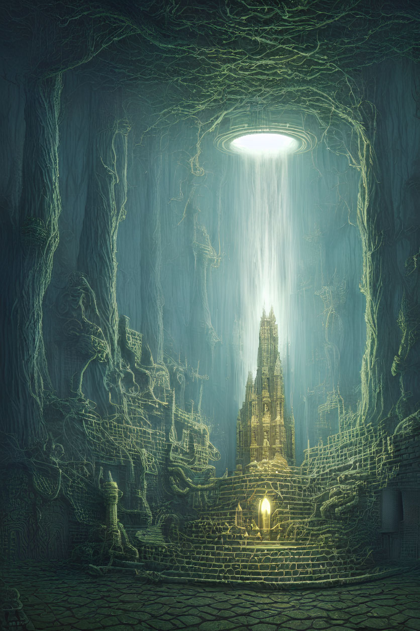 Subterranean city with towering structures and roots under a beam of light