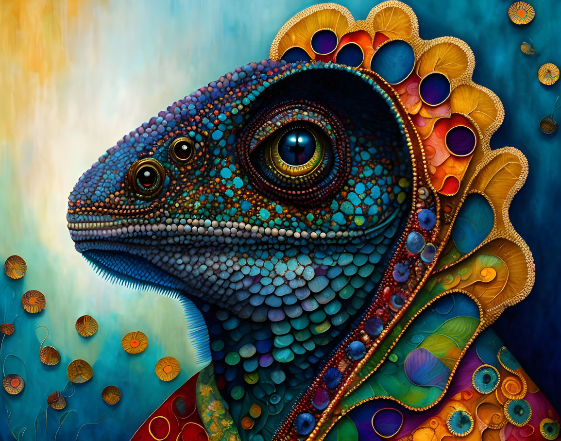 Colorful Chameleon Artwork on Blue and Gold Background
