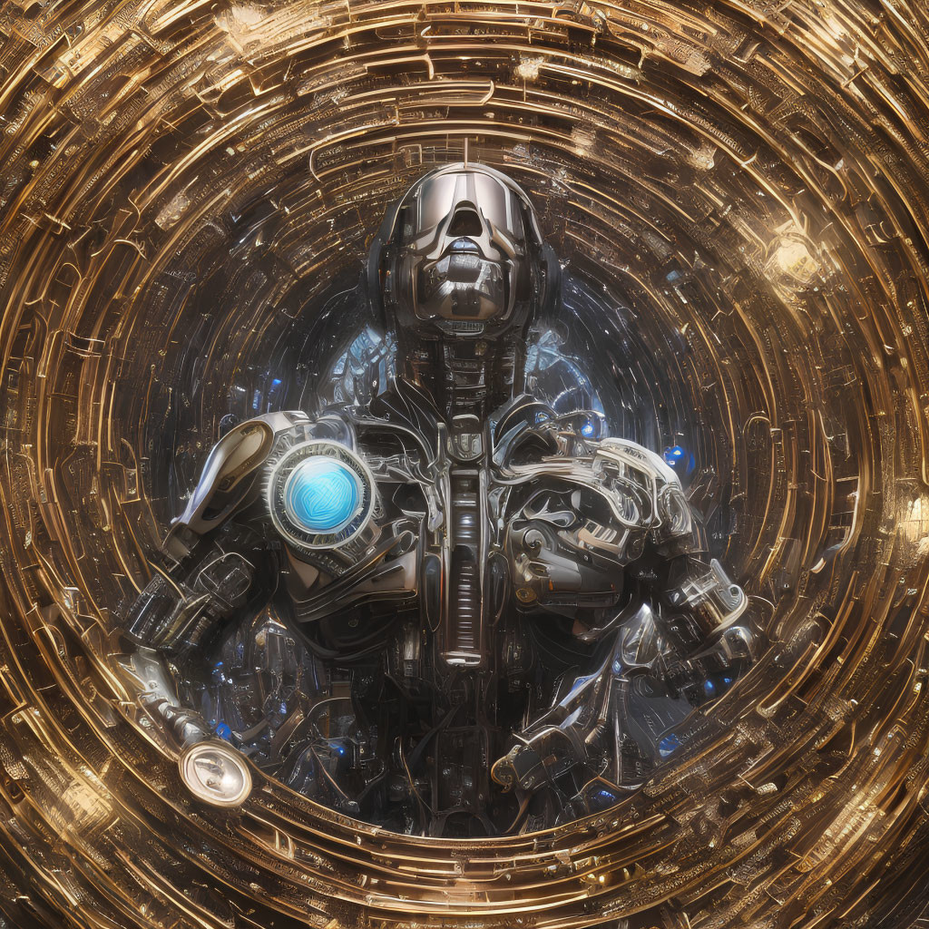 Futuristic robotic figure in intricate armor against golden circular background