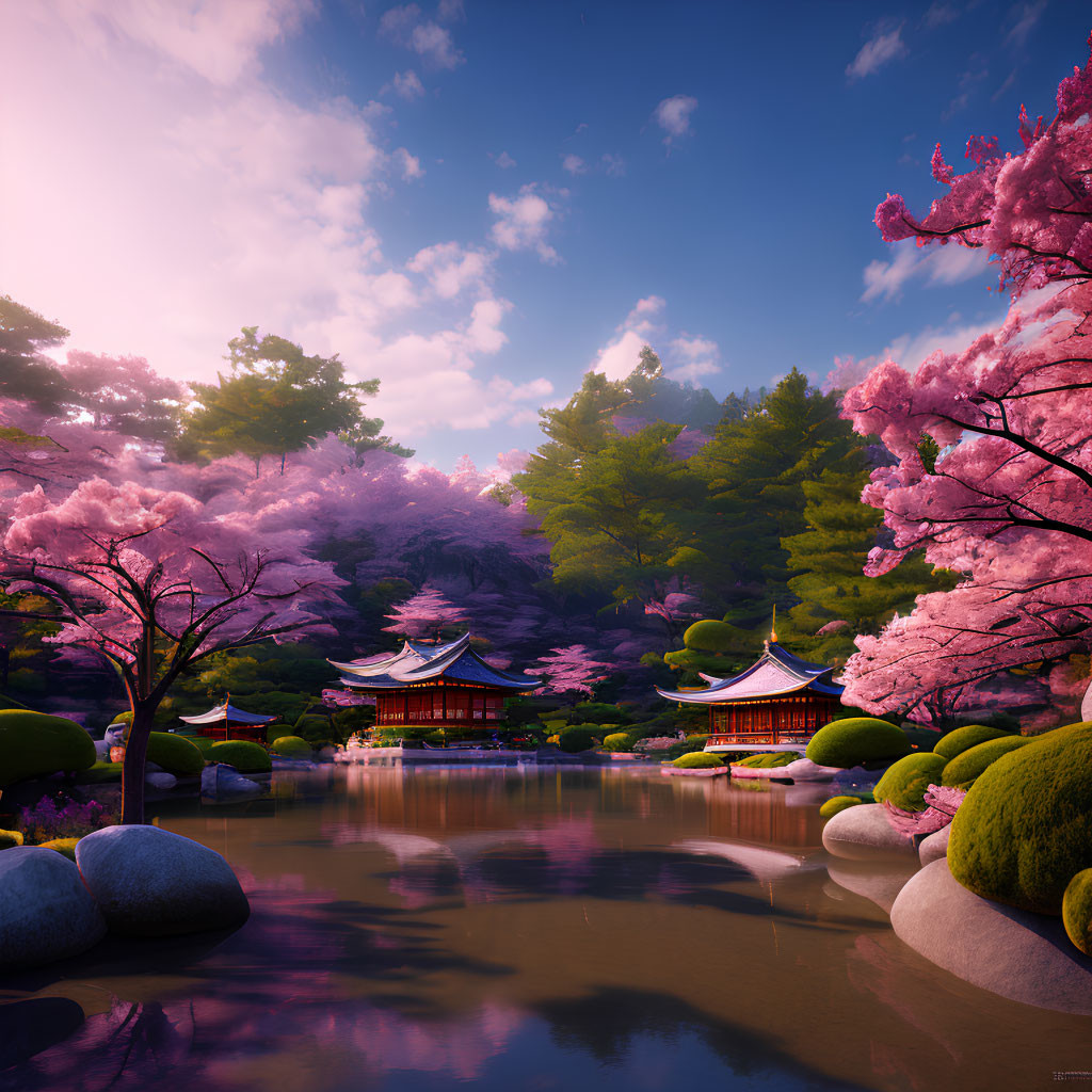Japanese Garden with Cherry Blossoms, Pavilions, and Tranquil Pond