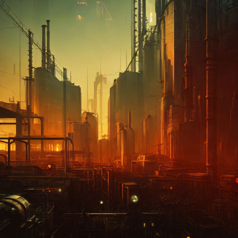 Dystopian cityscape at dusk with towering industrial structures in a polluted atmosphere
