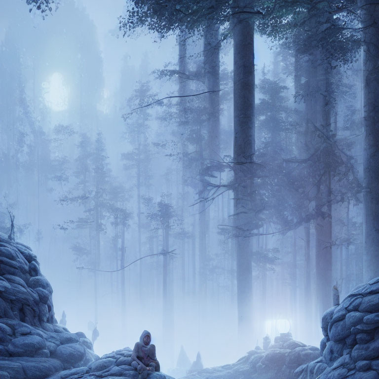 Person sitting on rocks in misty forest with glowing light