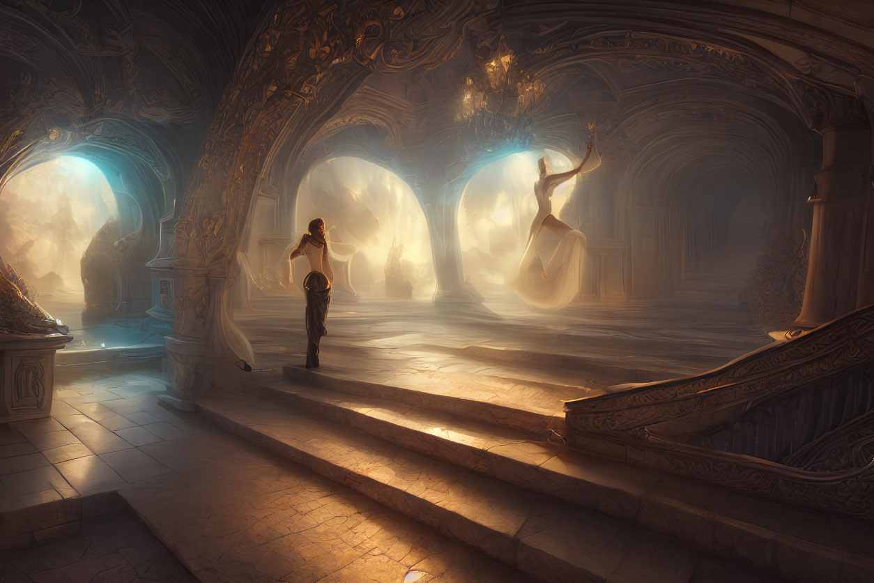 Ornate hall with arches and sculptures, person gazes at ethereal figure in glowing portal