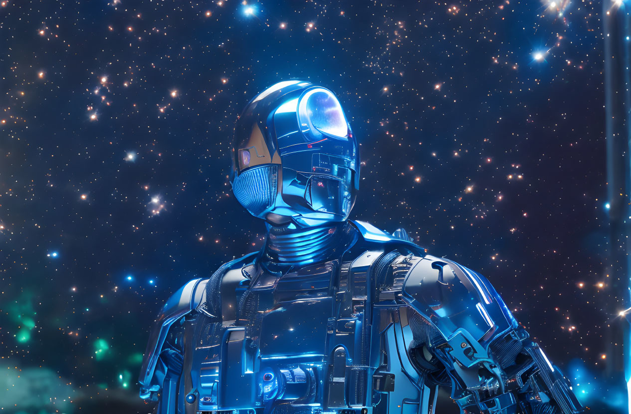 Futuristic robotic astronaut in detailed mechanical suit against starry backdrop
