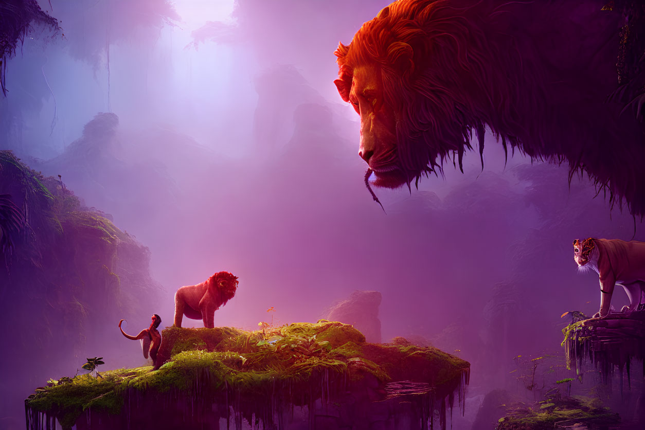 Fantastical landscape with oversized lion's head, lion, tiger, and monkey under purple sky
