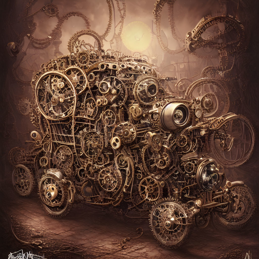 Intricate Steampunk Gears and Mechanical Parts on Sepia Background