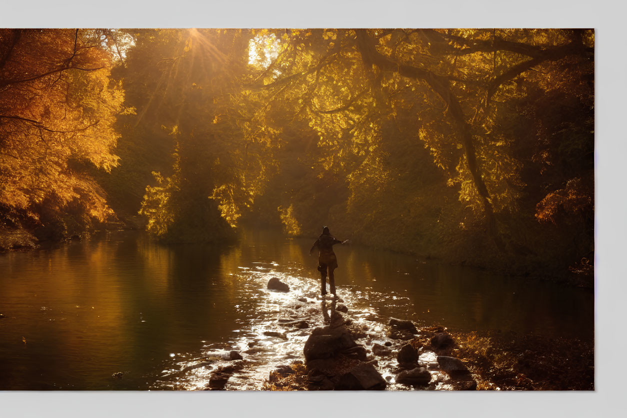 Person Standing on Rock Path Over Serene River in Autumn Light