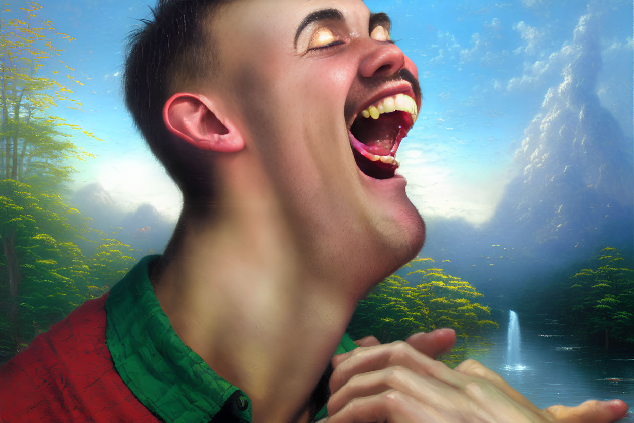 Young man laughing in serene nature setting