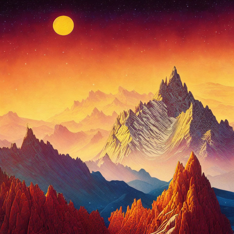 Colorful Digital Illustration of Mountain Landscape Under Starry Sky