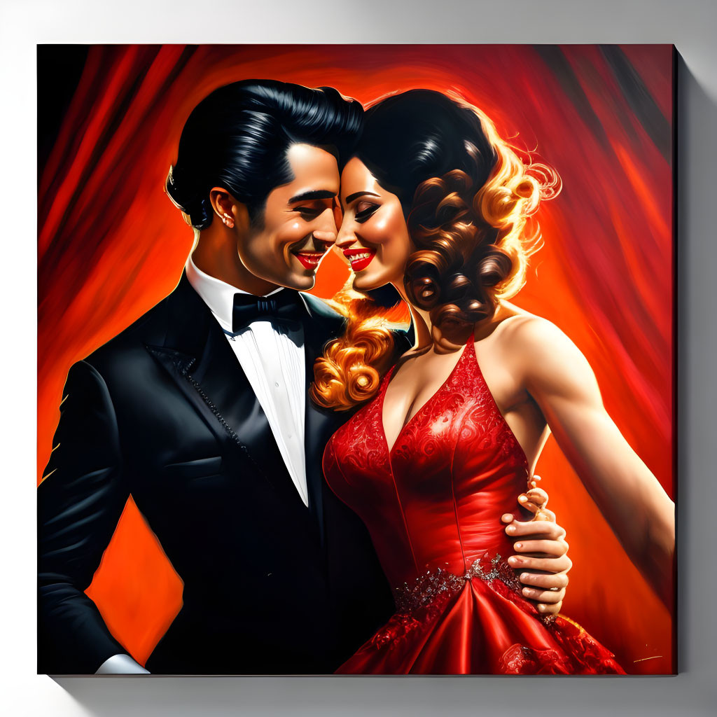 Elegant Couple in Black Tuxedo and Red Gown Smiling on Red Background