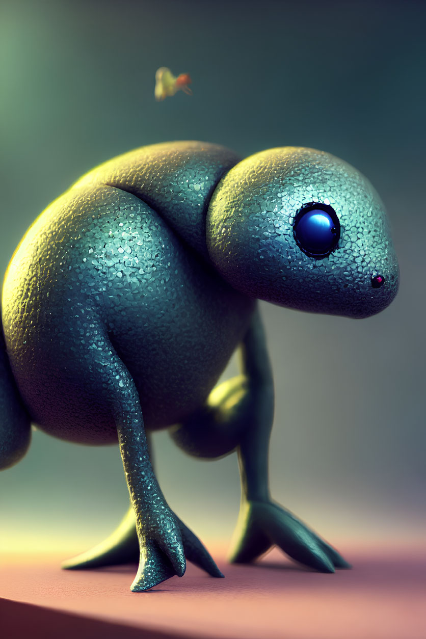 Blue frog digital illustration with shiny skin and bee companion