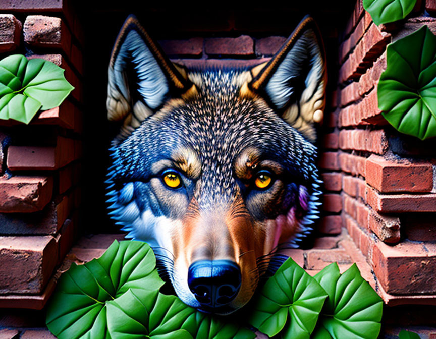 Realistic wolf illustration bursting through brick wall with intense yellow eyes and detailed fur textures.