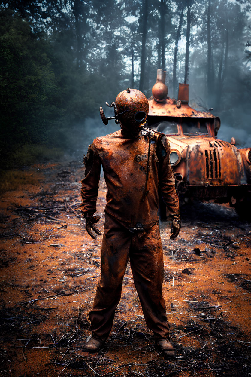 Rusted diving suit figure by derelict vehicle in misty landscape