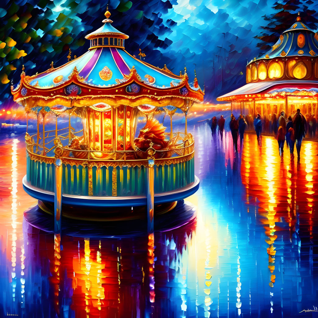 Colorful Carousel Painting with Night Lights and Reflections