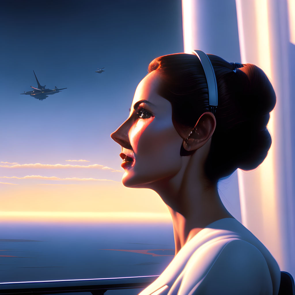 Futuristic woman looking at sunset sky with spacecraft
