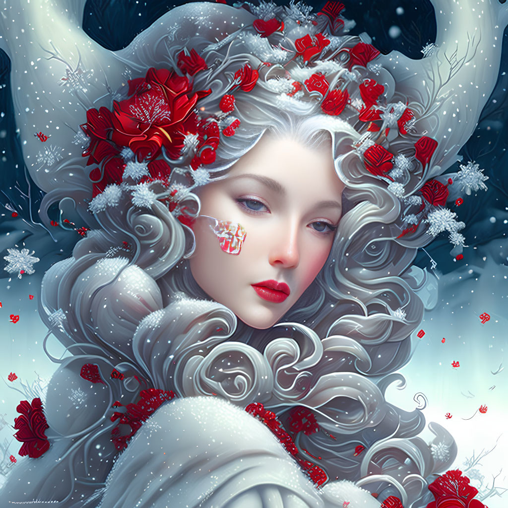 Pale woman with red & white floral adornments in grey hair, snowy wintry background