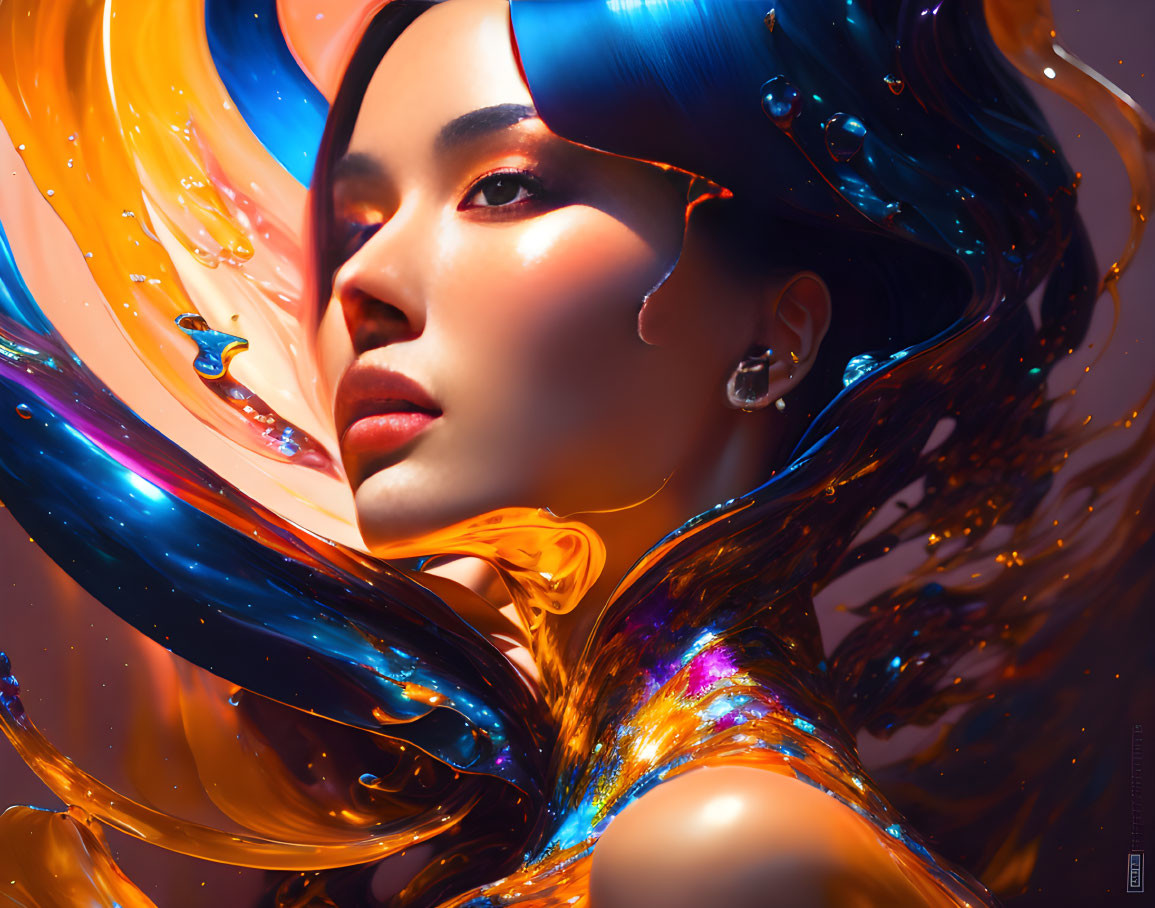 Serene woman portrait with vibrant liquid-like hair forms