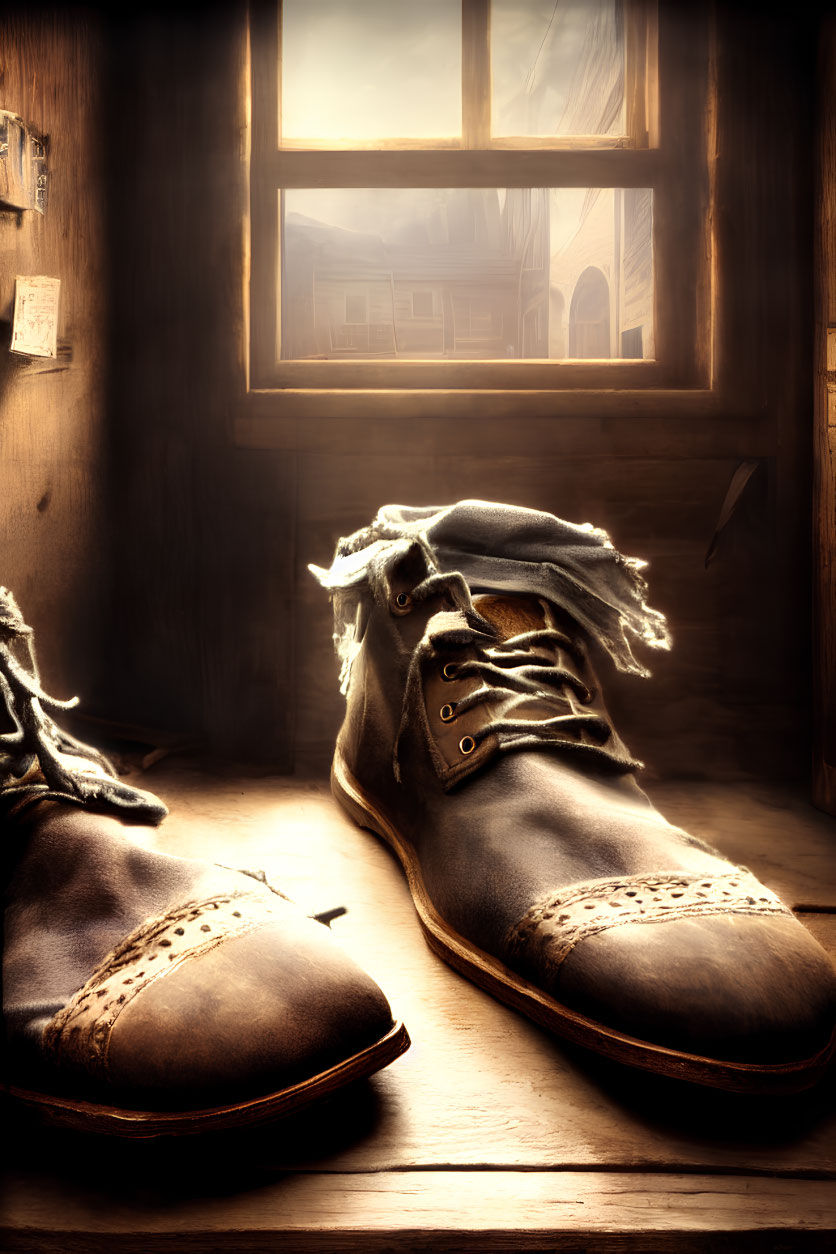 Vintage-Style Boots on Wooden Floor by Window with Warm Light and Blurred Outdoor Background