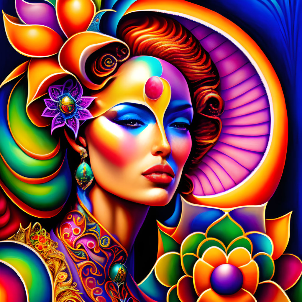 Colorful digital artwork featuring stylized woman with floral and psychedelic patterns