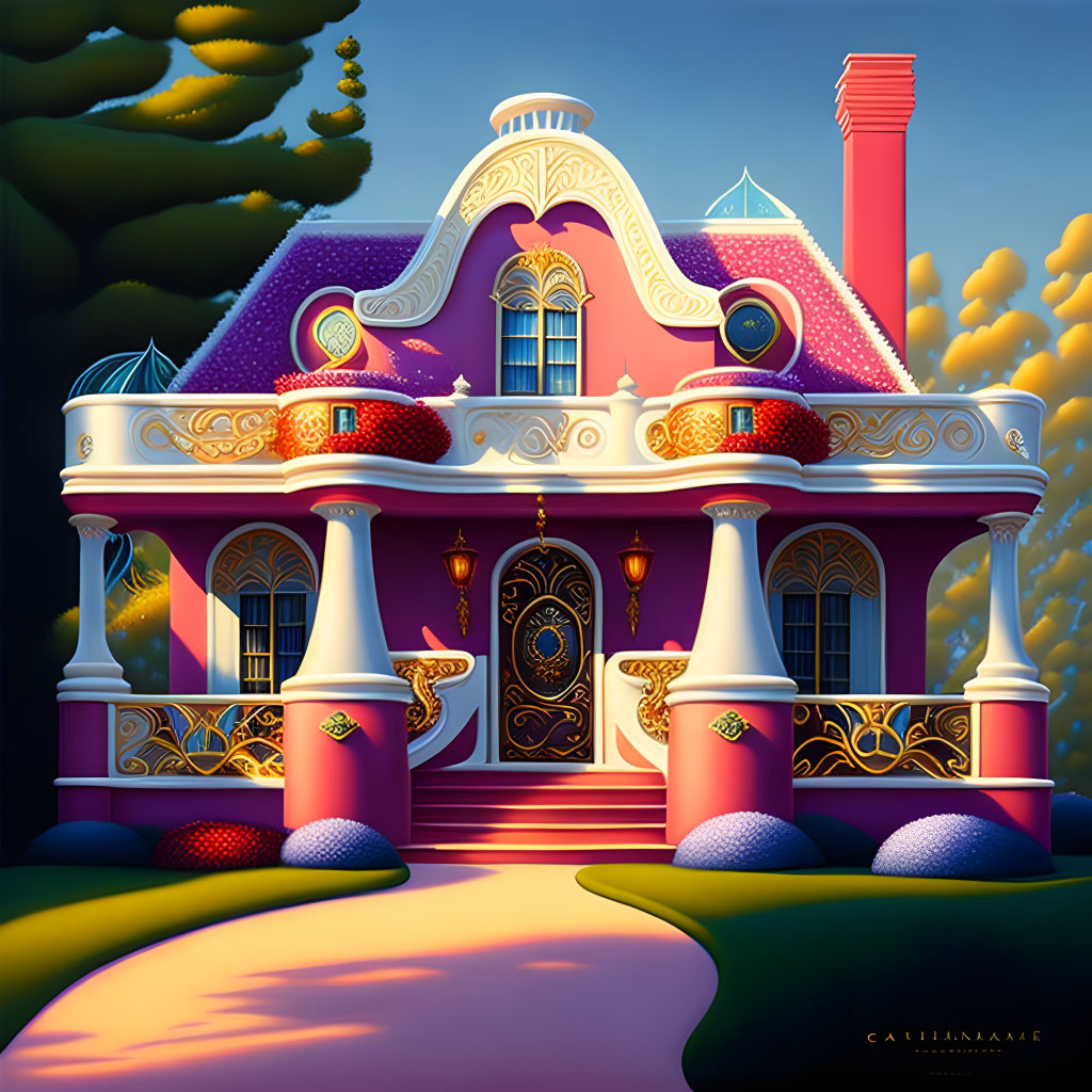 Vibrant pink cartoonish house with fantasy style details