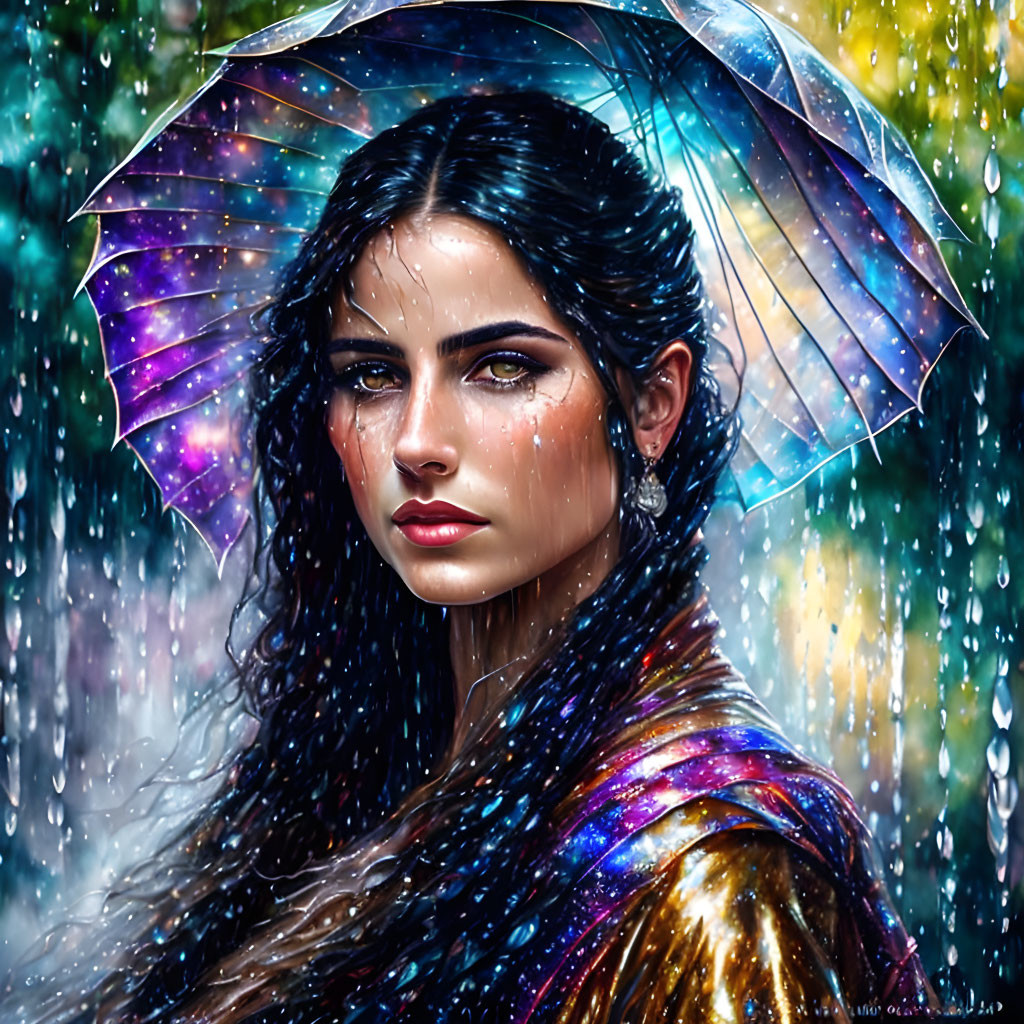 Dark-haired woman with colorful umbrella in rain, detailed water droplets, shimmering cloak