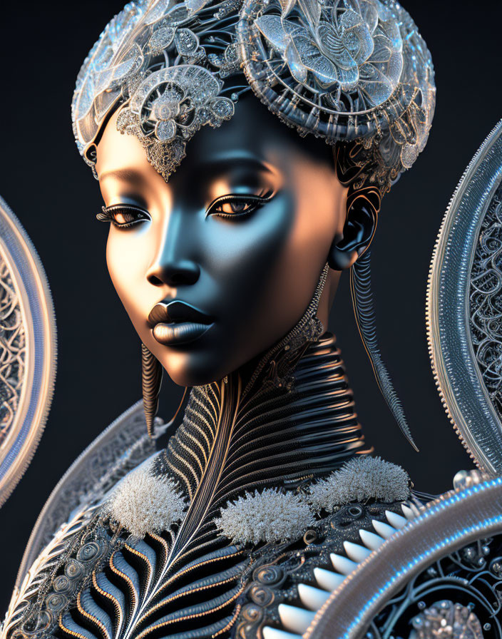 Intricate metallic headgear on woman in ornate attire against dark background