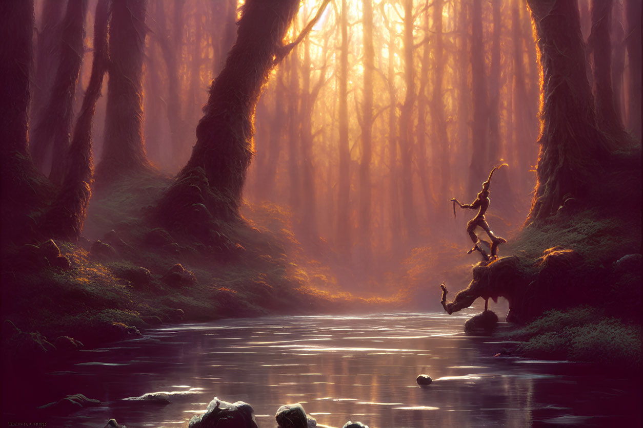 Tranquil forest scene with tall trees, gentle river, misty sunlight, and person in contempl