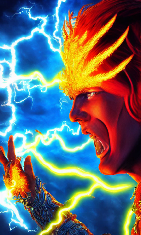 Illustration of person with fiery orange hair and energy against blue lightning background