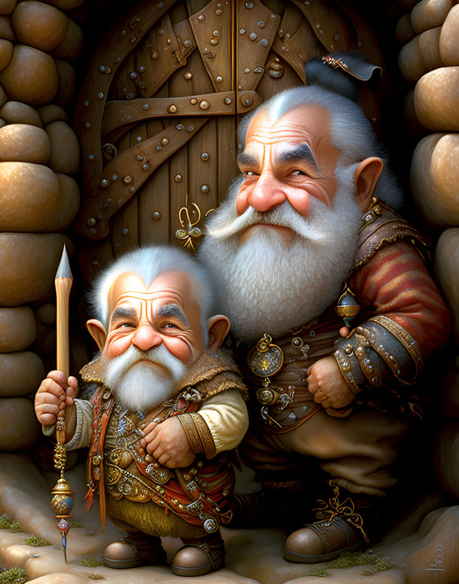 Fantasy dwarves with pencil and key by wooden door