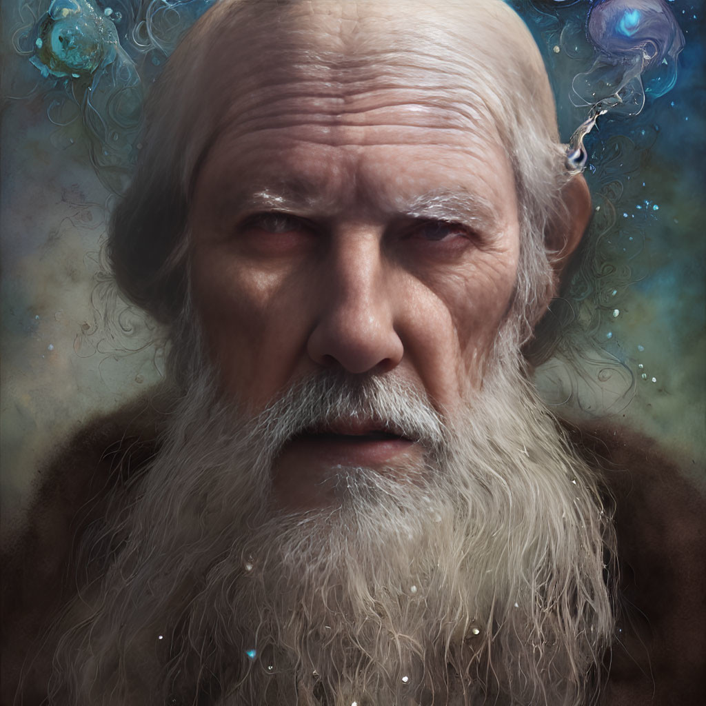 Elderly man with long white beard and mystical blue orbs