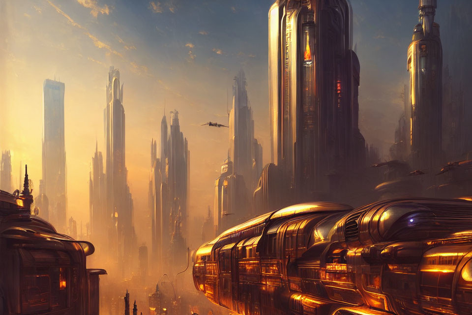 Futuristic sunset cityscape with skyscrapers and flying vehicles