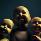 Three unsettling figures with oversized baby heads and adult-like bodies in dark attire on dark background.