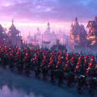 Soldiers in Red Armor March through Futuristic Industrial Landscape
