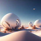 Surreal landscape with smooth dunes and organic-shaped structures under a pastel sky