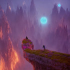 Figure on Floating Rock Island Amidst Towering Spires and Glowing Blue Orb