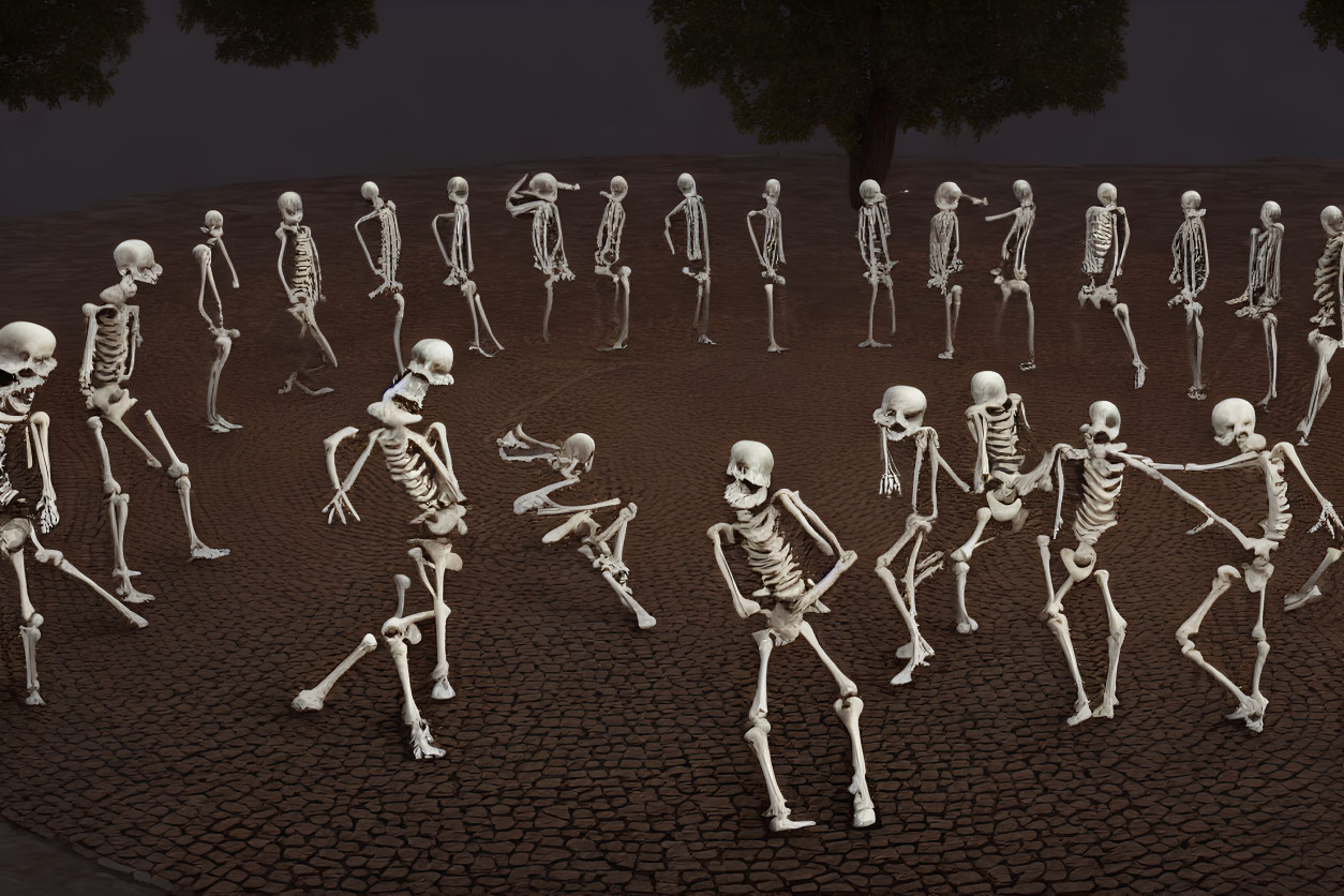 Group of Skeletons Posed on Cracked Ground
