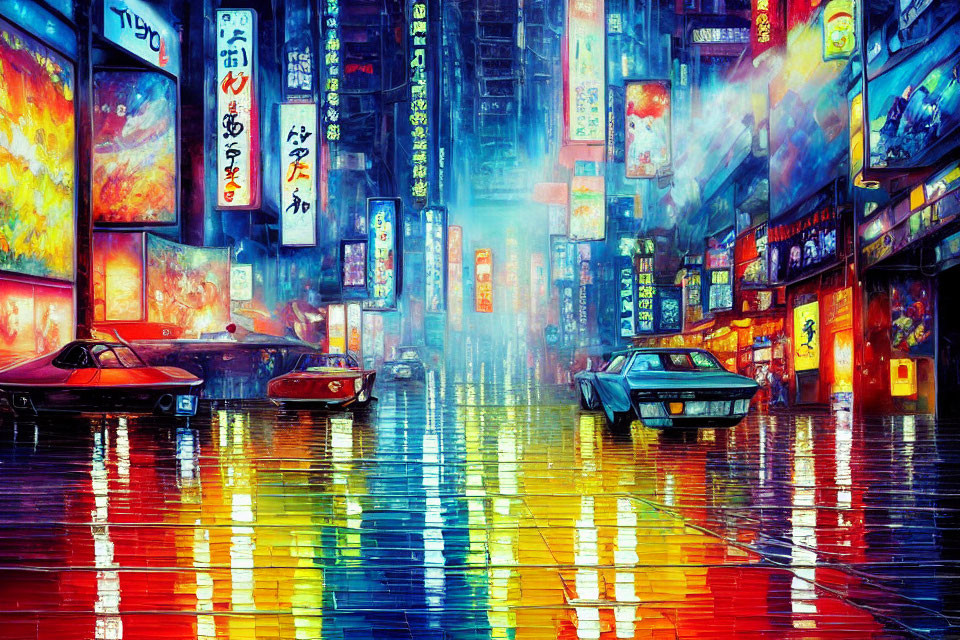 Futuristic cyberpunk cityscape with neon signs and rainy streets