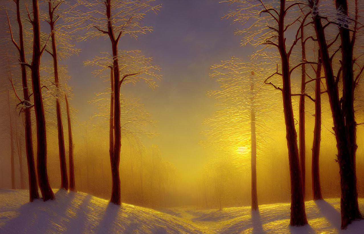 Snowy forest at sunrise with golden light and silhouetted trees
