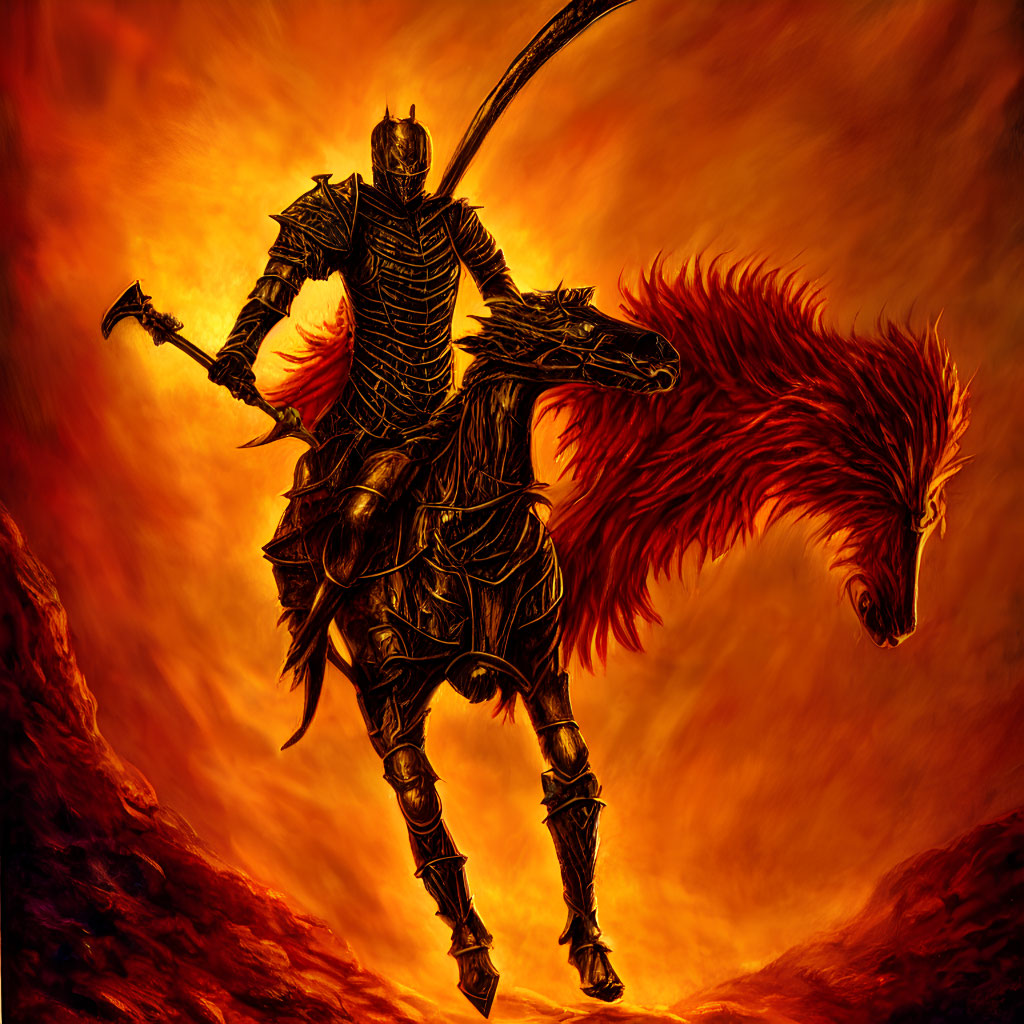 Armored knight on fiery horse with curved sword in red-orange backdrop