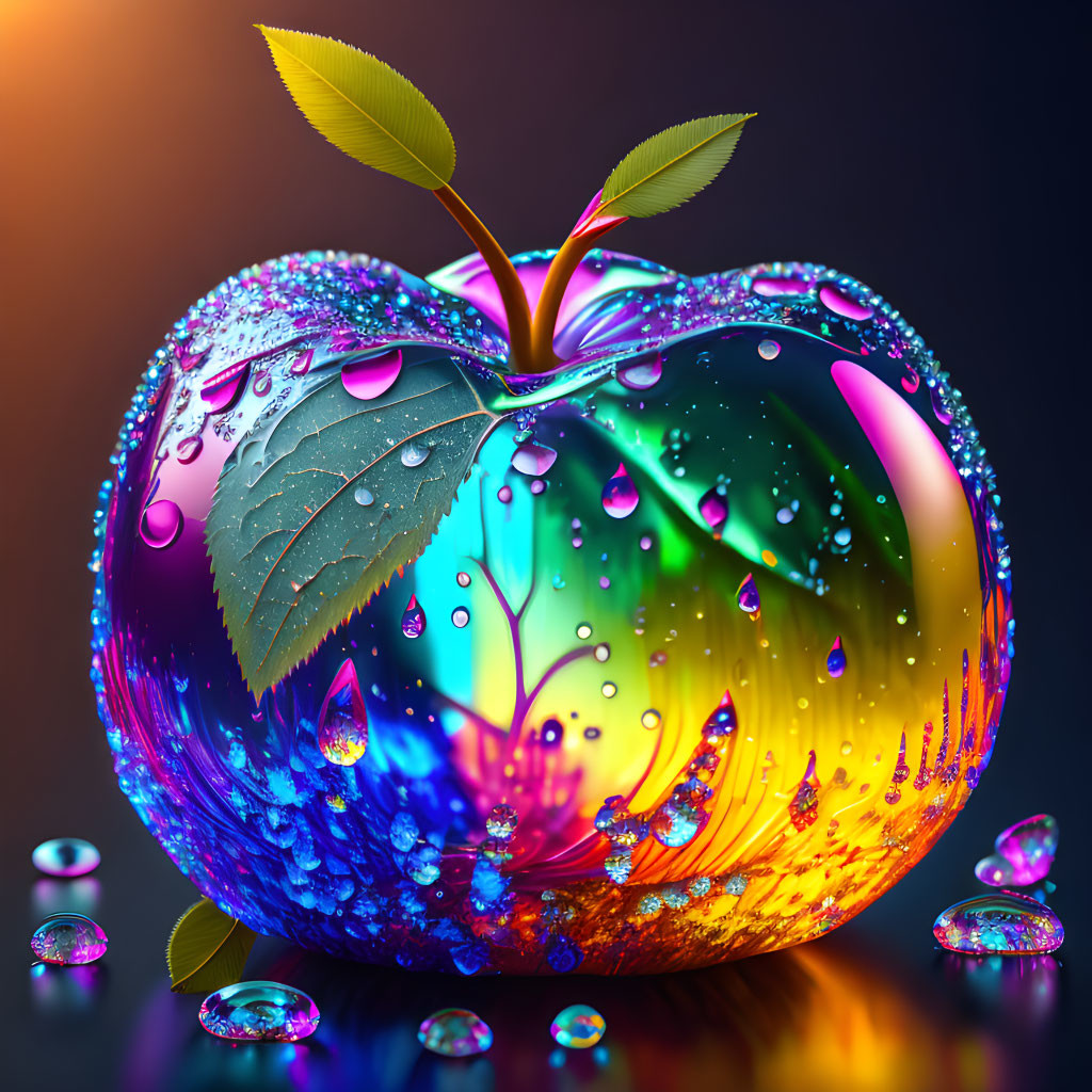 Multicolored glass-like apple with water droplets and leaves on dark background