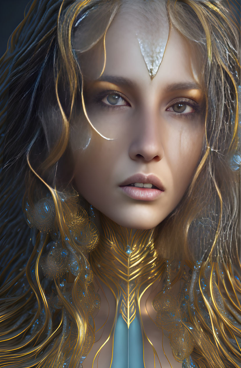 Fantasy portrait of woman with golden jewelry, intricate headpiece, wavy hair, and mystical blue