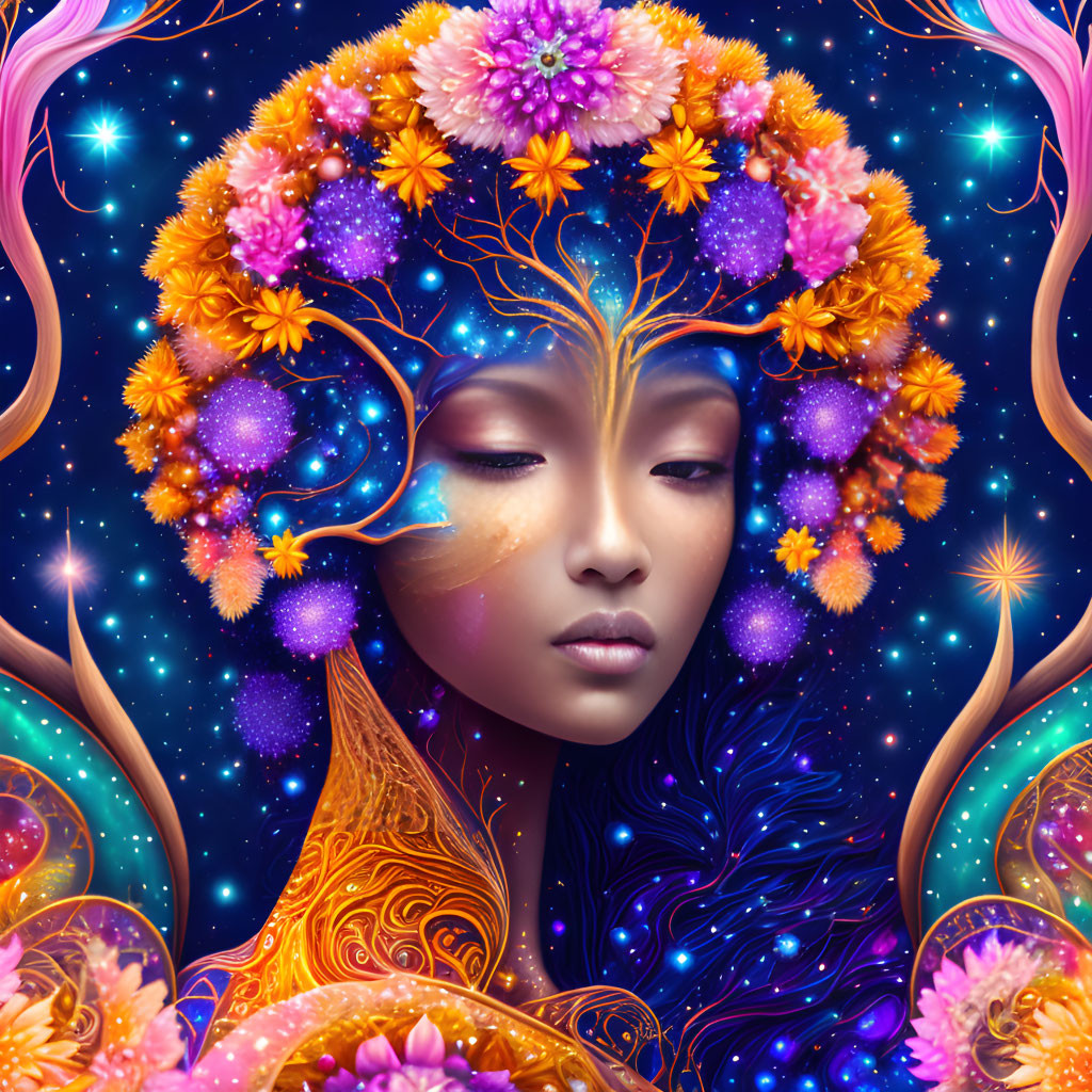 Colorful Woman Illustration with Floral and Cosmic Theme