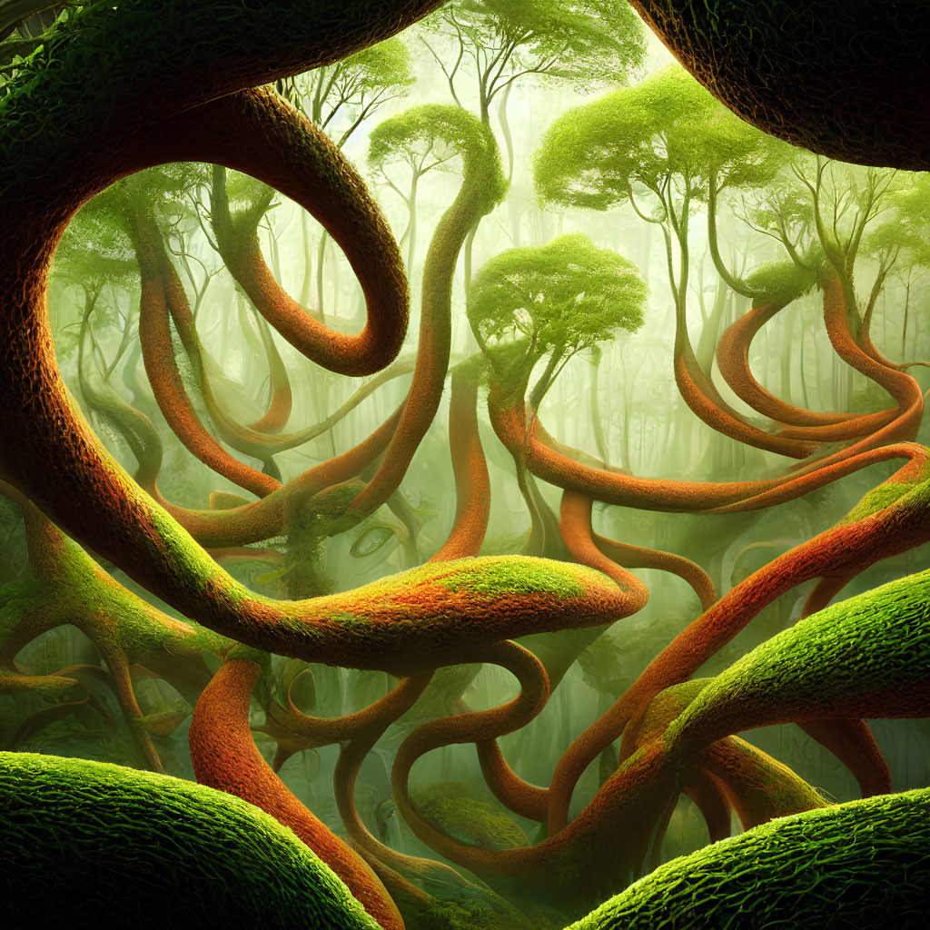 Twisted, Moss-Covered Trees in Lush Green Forest