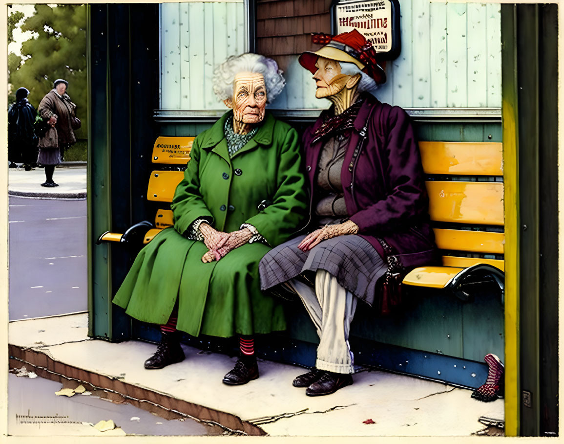 Elderly women chatting on bench at bus stop with colorful backdrop.