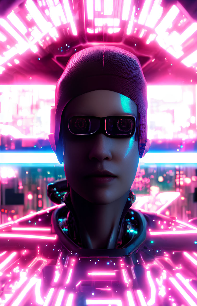 Cyberpunk-themed person with headpiece and glasses in neon lights