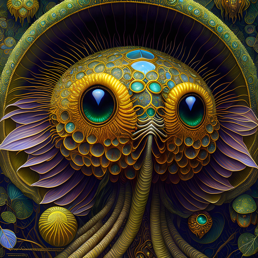 Detailed fantastical creature illustration with expressive eyes, aquatic and avian features.