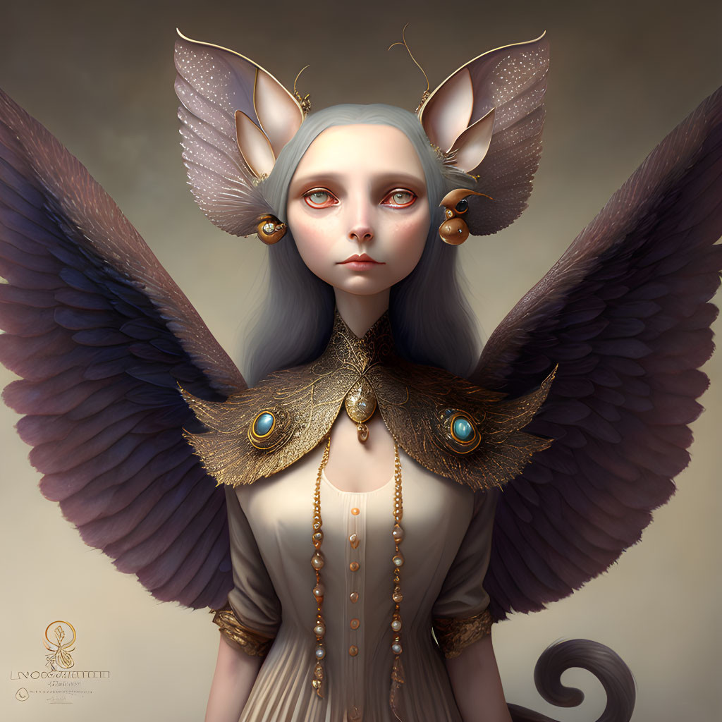 Fantasy creature illustration with bird wings, elfin ears, feathered epaulettes