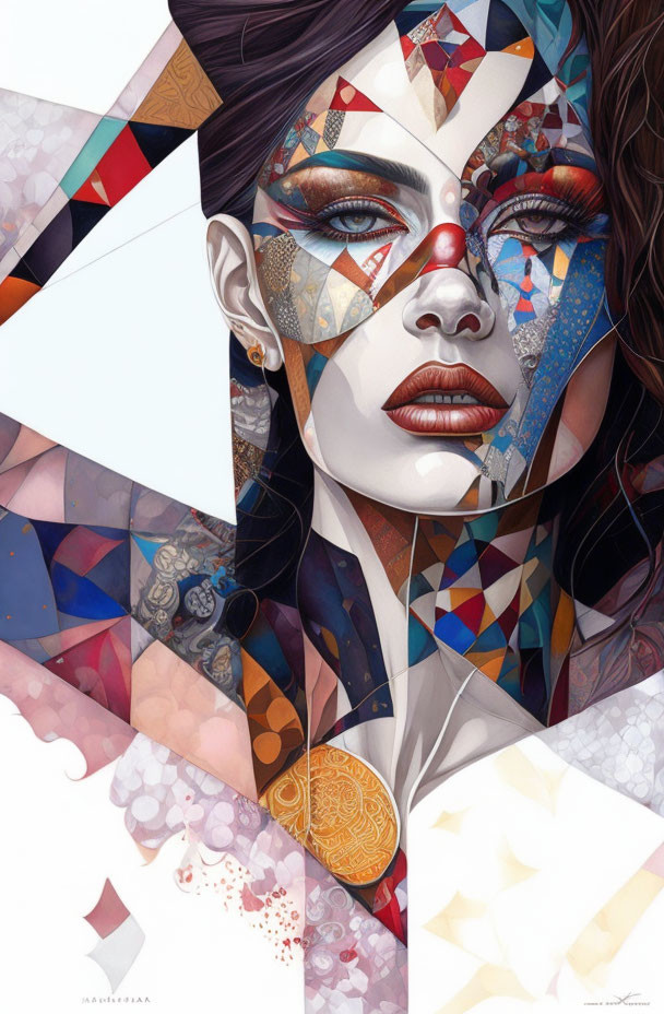 Geometric patterns and vibrant colors in digital artwork of fragmented woman's face