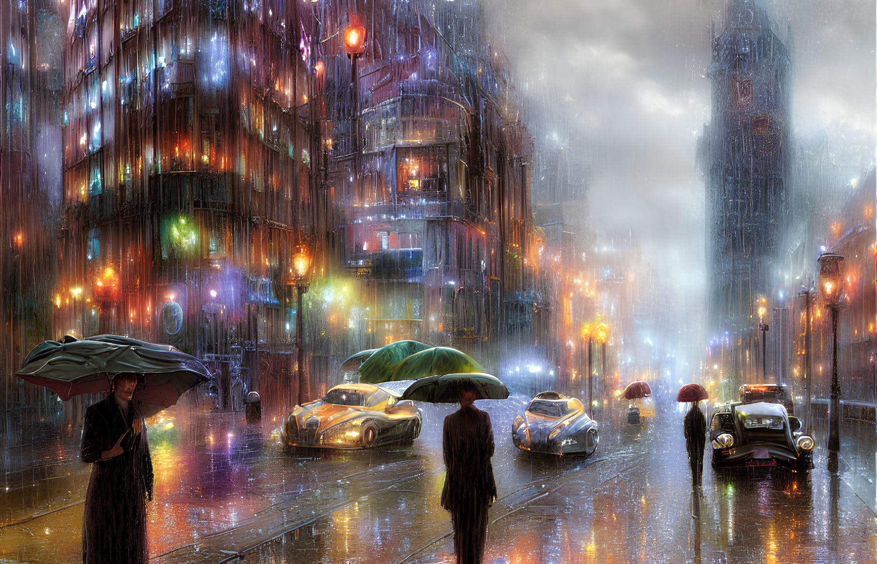 Futuristic city streetscape in rain with neon signs & umbrellas